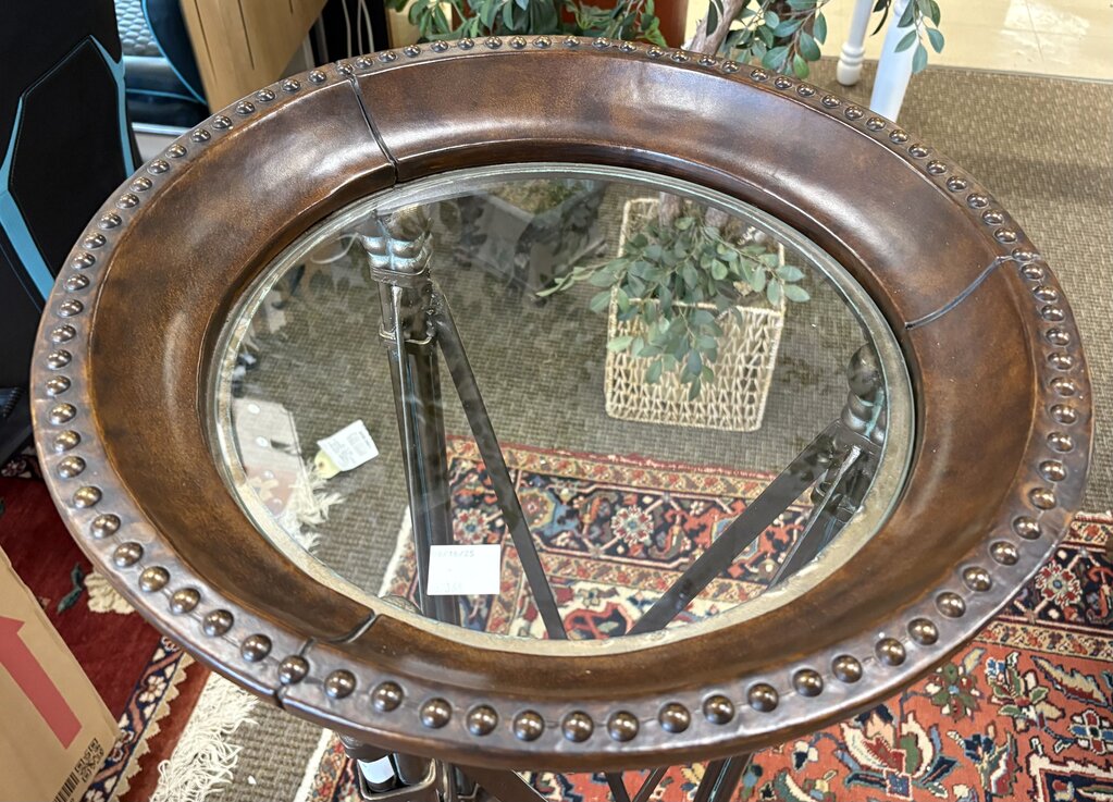Maitland Smith French Directoire Style Leather Nailhead Metal & Glass Plant Stand 47.5"