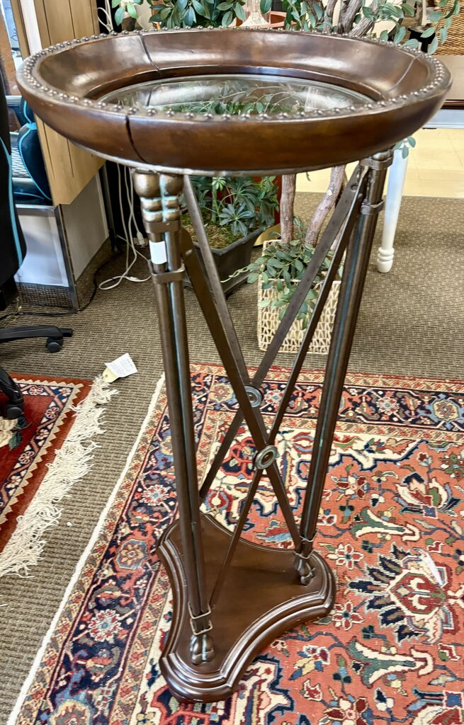 Maitland Smith French Directoire Style Leather Nailhead Metal & Glass Plant Stand 47.5"