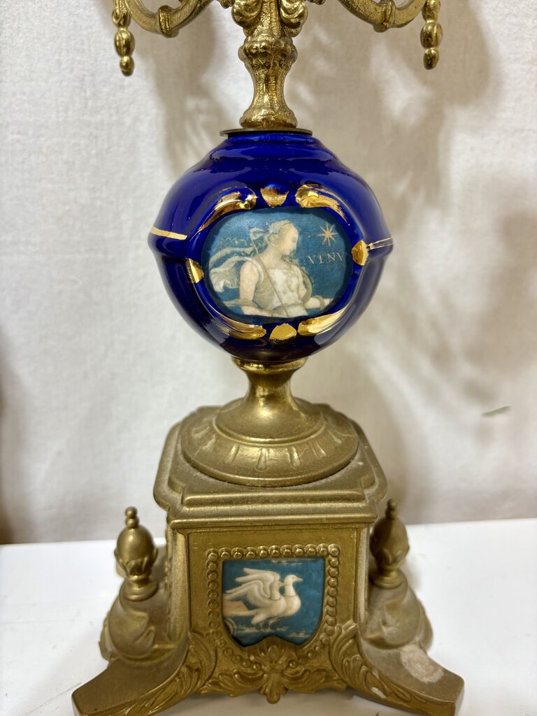 Italian & German Brevettato Imperial Brass & Porcelain Blue Mantel Clock & Candelabra Set (5Pcs)