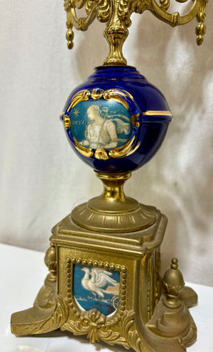 Italian & German Brevettato Imperial Brass & Porcelain Blue Mantel Clock & Candelabra Set (5Pcs)