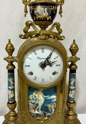 Italian & German Brevettato Imperial Brass & Porcelain Blue Mantel Clock & Candelabra Set (5Pcs)