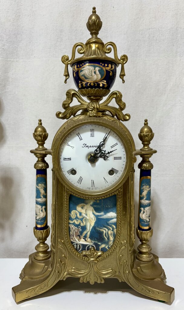 Italian & German Brevettato Imperial Brass & Porcelain Blue Mantel Clock & Candelabra Set (5Pcs)