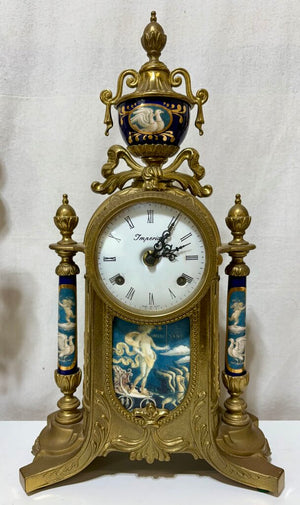Italian & German Brevettato Imperial Brass & Porcelain Blue Mantel Clock & Candelabra Set (5Pcs)