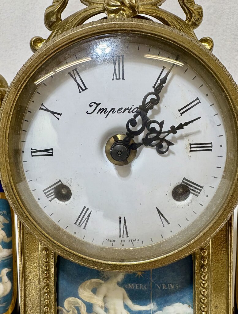 Italian & German Brevettato Imperial Brass & Porcelain Blue Mantel Clock & Candelabra Set (5Pcs)
