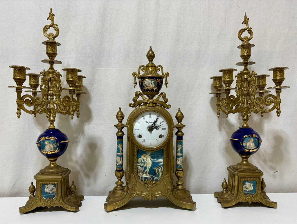 Italian & German Brevettato Imperial Brass & Porcelain Blue Mantel Clock & Candelabra Set (5Pcs)