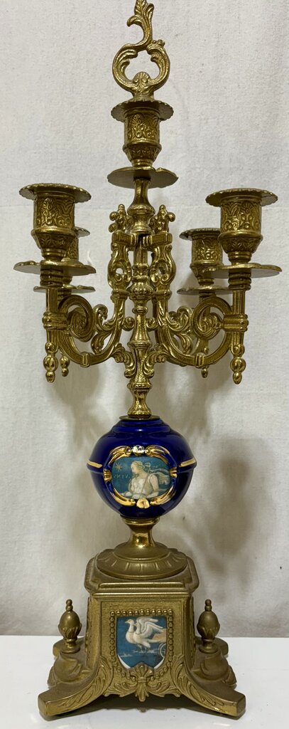 Italian & German Brevettato Imperial Brass & Porcelain Blue Mantel Clock & Candelabra Set (5Pcs)