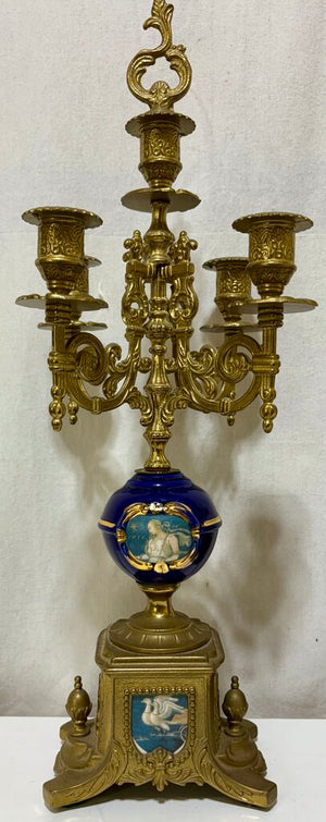 Italian & German Brevettato Imperial Brass & Porcelain Blue Mantel Clock & Candelabra Set (5Pcs)