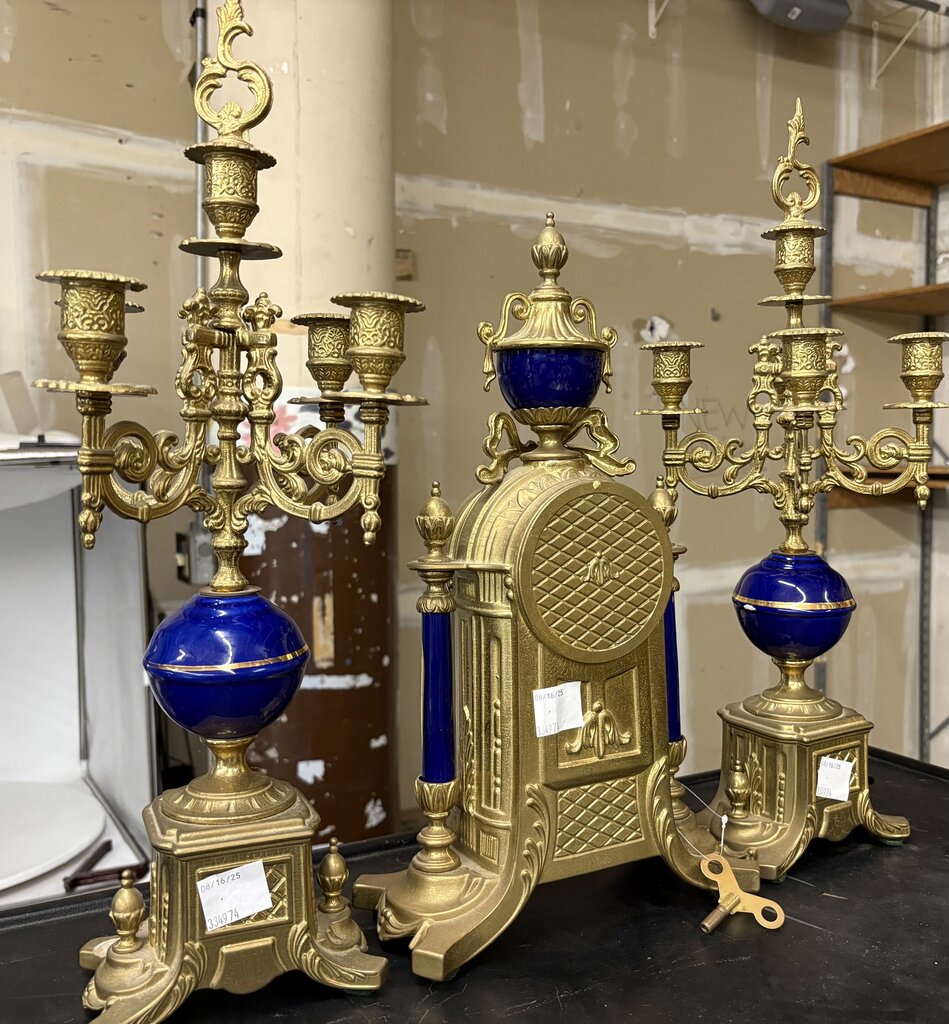 Italian & German Brevettato Imperial Brass & Porcelain Blue Mantel Clock & Candelabra Set (5Pcs)
