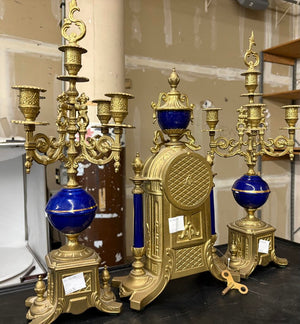 Italian & German Brevettato Imperial Brass & Porcelain Blue Mantel Clock & Candelabra Set (5Pcs)
