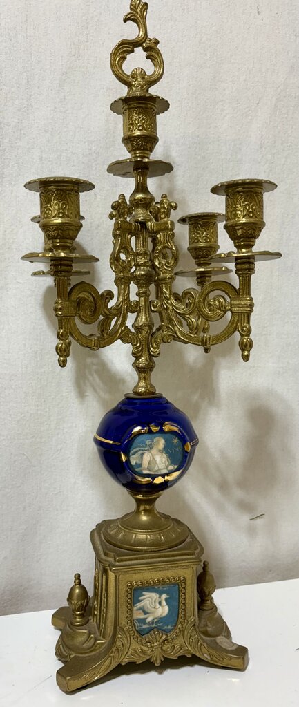 Italian & German Brevettato Imperial Brass & Porcelain Blue Mantel Clock & Candelabra Set (5Pcs)