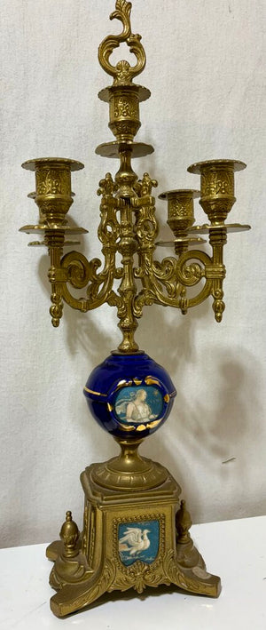 Italian & German Brevettato Imperial Brass & Porcelain Blue Mantel Clock & Candelabra Set (5Pcs)