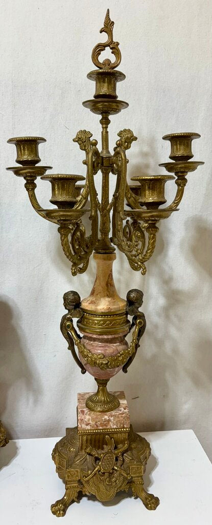 Italian & German Brevettato Imperial Brass, Bronze, & Travertine Mantel Clock & Candelabra Set (5Pcs)
