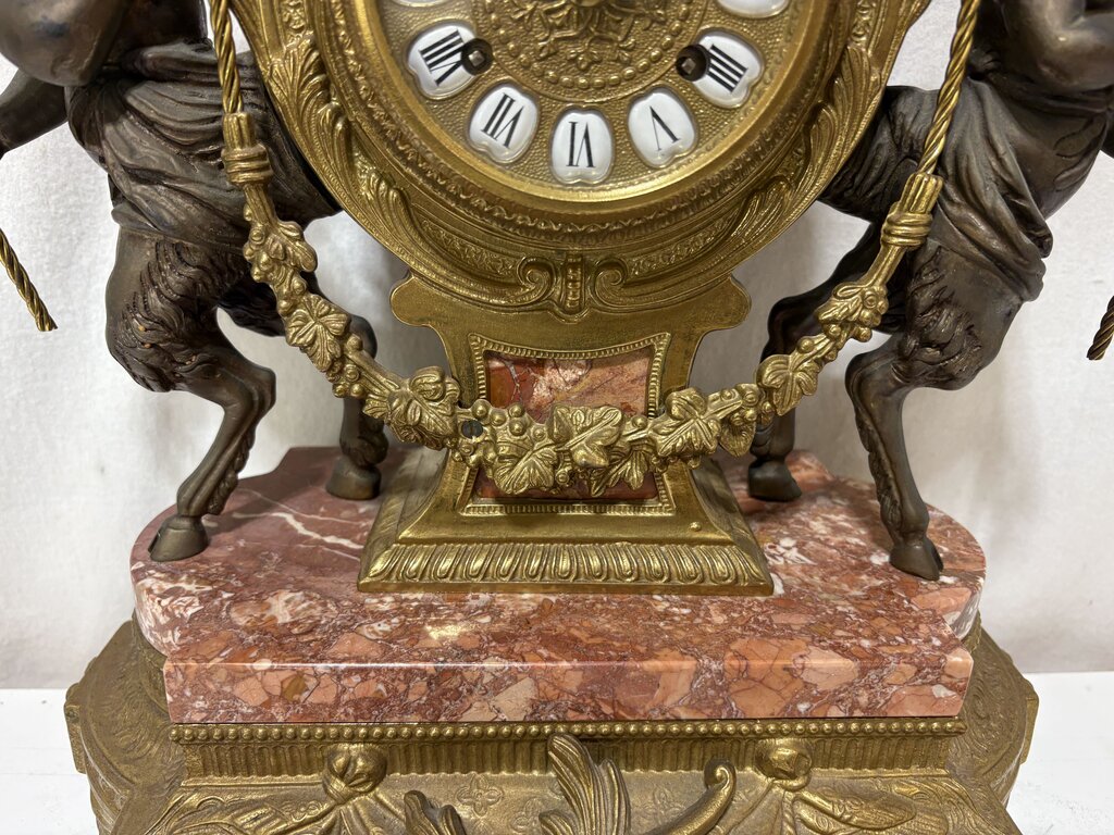 Italian & German Brevettato Imperial Brass, Bronze, & Travertine Mantel Clock & Candelabra Set (5Pcs)