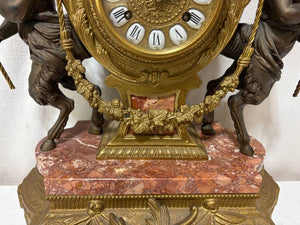Italian & German Brevettato Imperial Brass, Bronze, & Travertine Mantel Clock & Candelabra Set (5Pcs)