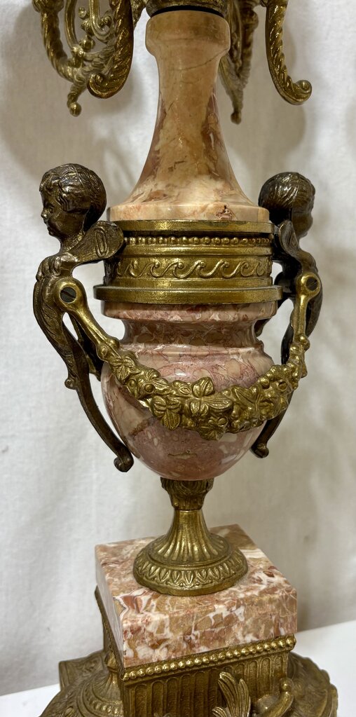 Italian & German Brevettato Imperial Brass, Bronze, & Travertine Mantel Clock & Candelabra Set (5Pcs)