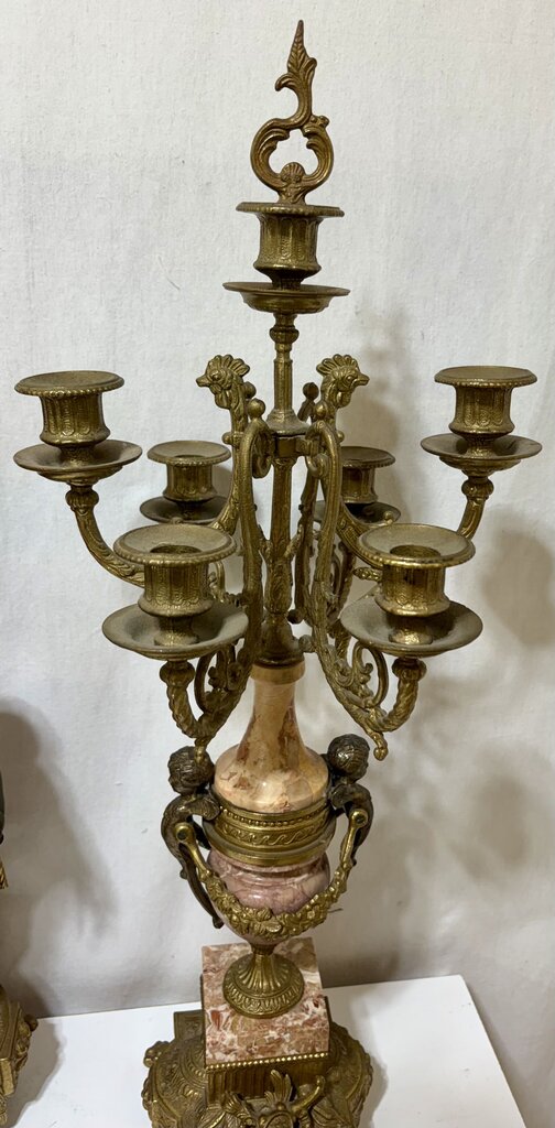 Italian & German Brevettato Imperial Brass, Bronze, & Travertine Mantel Clock & Candelabra Set (5Pcs)