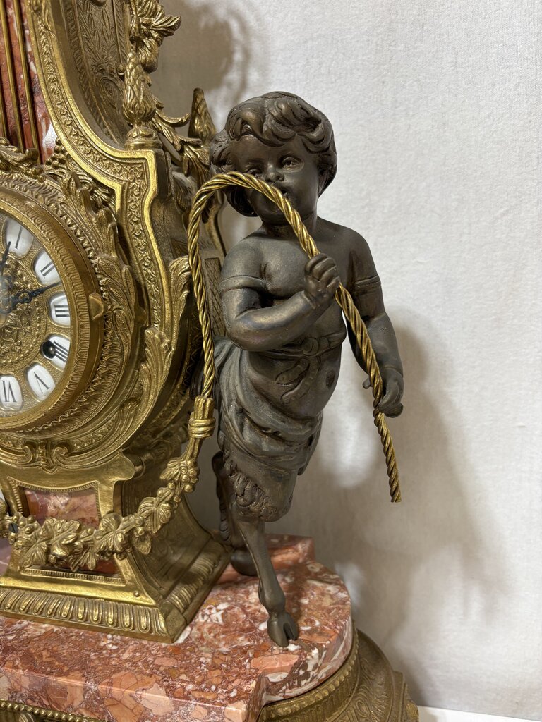 Italian & German Brevettato Imperial Brass, Bronze, & Travertine Mantel Clock & Candelabra Set (5Pcs)