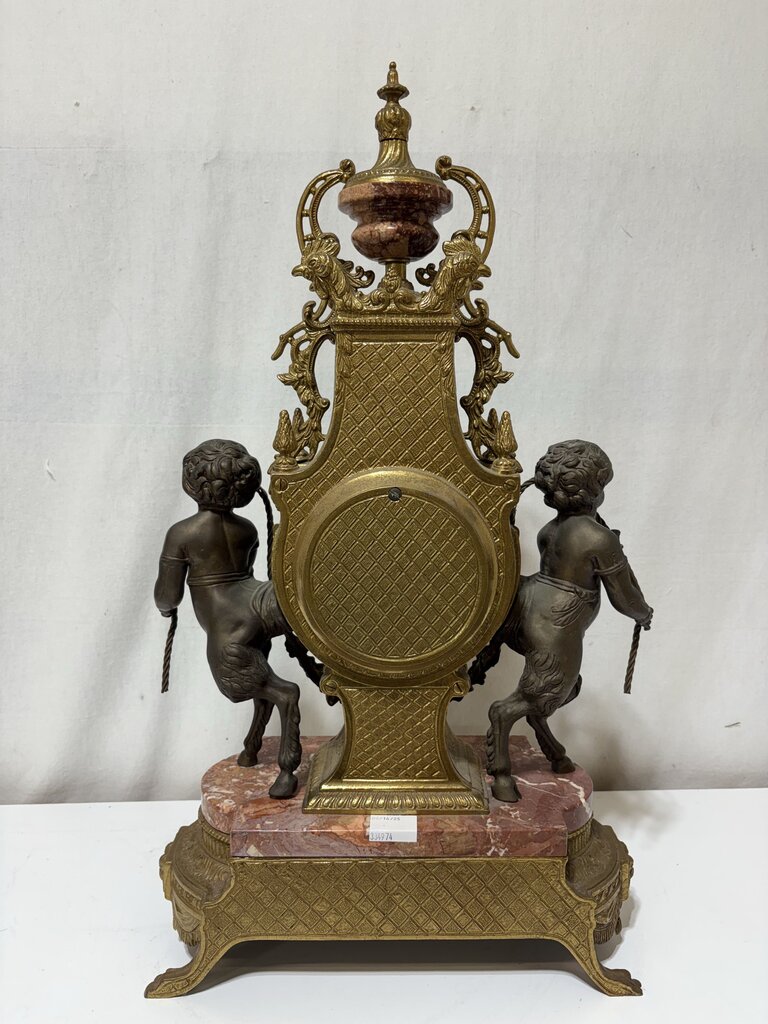 Italian & German Brevettato Imperial Brass, Bronze, & Travertine Mantel Clock & Candelabra Set (5Pcs)