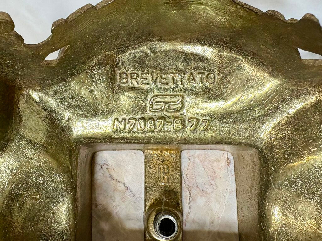Italian & German Brevettato Imperial Brass, Bronze, & Travertine Mantel Clock & Candelabra Set (5Pcs)