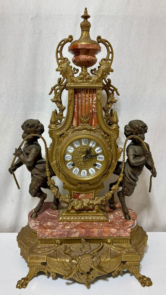 Italian & German Brevettato Imperial Brass, Bronze, & Travertine Mantel Clock & Candelabra Set (5Pcs)