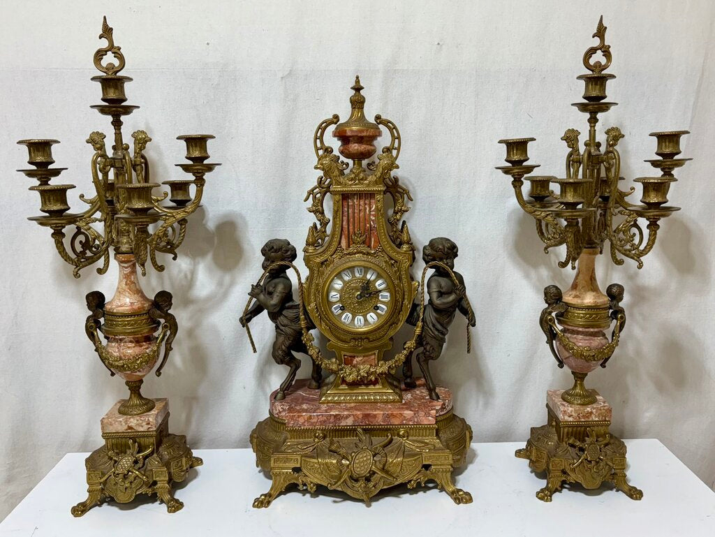 Italian & German Brevettato Imperial Brass, Bronze, & Travertine Mantel Clock & Candelabra Set (5Pcs)