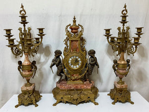 Italian & German Brevettato Imperial Brass, Bronze, & Travertine Mantel Clock & Candelabra Set (5Pcs)