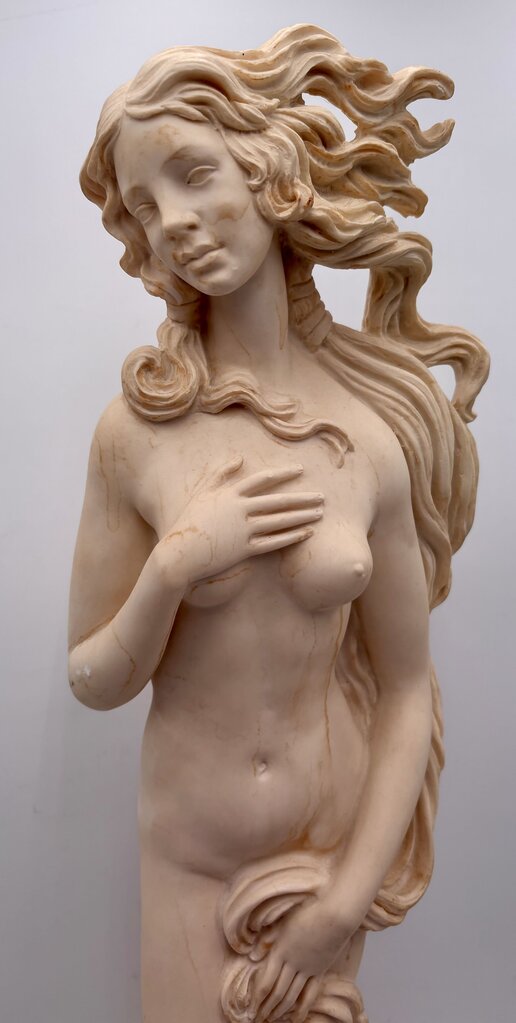Vintage Italian A. Santini "Birth of Venus" by Botticelli Solid Plaster Sculpture on Black Marble Base 24.25"