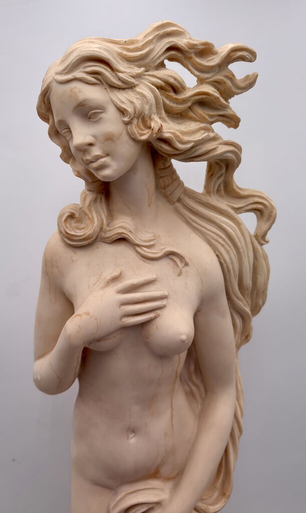 Vintage Italian A. Santini "Birth of Venus" by Botticelli Solid Plaster Sculpture on Black Marble Base 24.25"