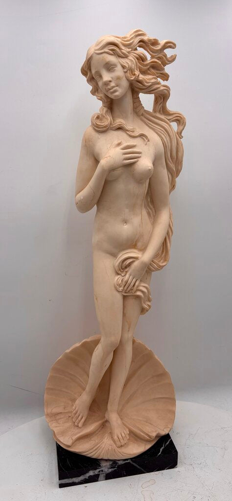 Vintage Italian A. Santini "Birth of Venus" by Botticelli Solid Plaster Sculpture on Black Marble Base 24.25"