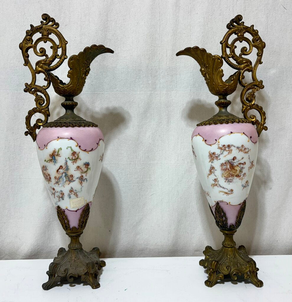 Pasargad DC Bronze Porcelain Painted Gilt Garland Ewer Urns (Set of 2)