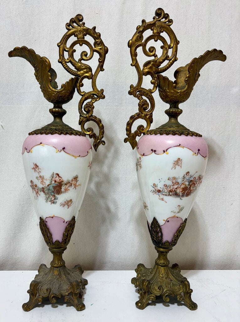 Pasargad DC Bronze Porcelain Painted Gilt Garland Ewer Urns (Set of 2)