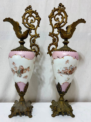 Pasargad DC Bronze Porcelain Painted Gilt Garland Ewer Urns (Set of 2)
