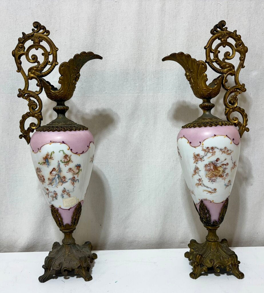 Pasargad DC Bronze Porcelain Painted Gilt Garland Ewer Urns (Set of 2)