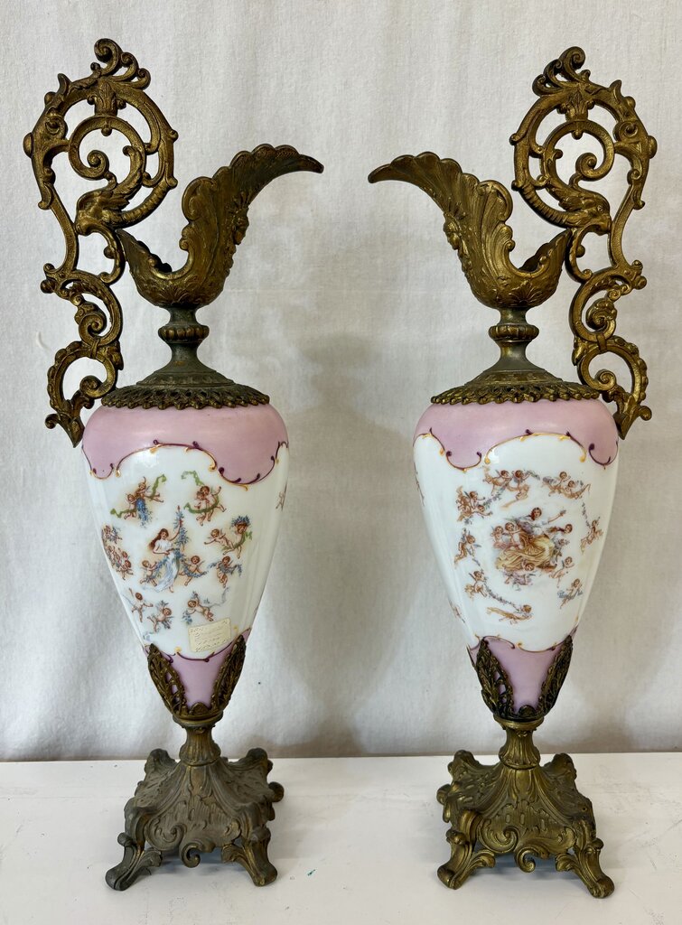 Pasargad DC Bronze Porcelain Painted Gilt Garland Ewer Urns (Set of 2)