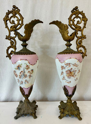 Pasargad DC Bronze Porcelain Painted Gilt Garland Ewer Urns (Set of 2)