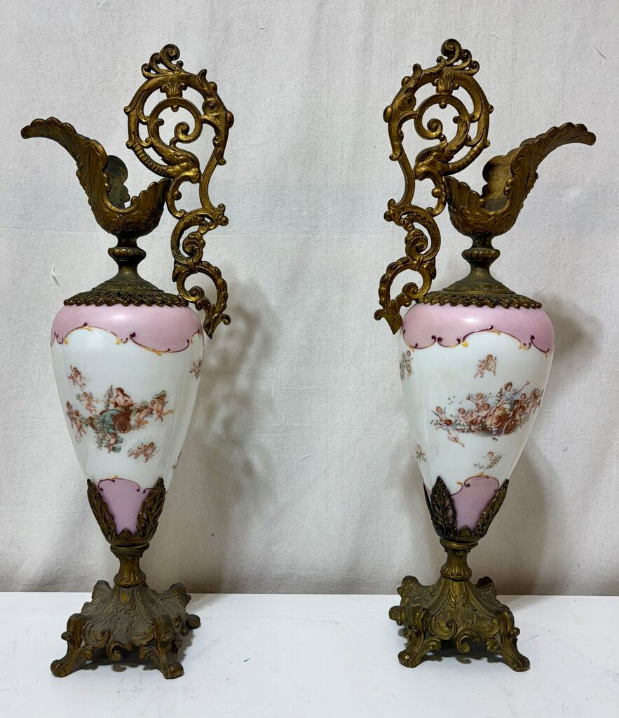 Pasargad DC Bronze Porcelain Painted Gilt Garland Ewer Urns (Set of 2)