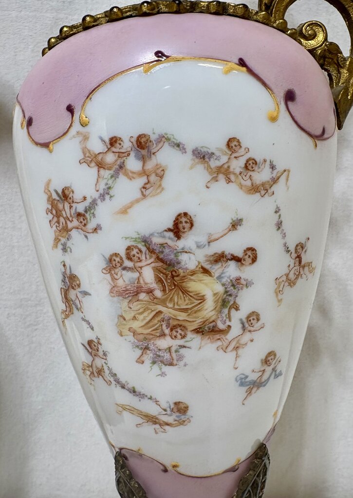 Pasargad DC Bronze Porcelain Painted Gilt Garland Ewer Urns (Set of 2)