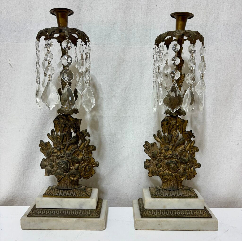 Antique French Floral Gilt Brass & Crystal Grandole (PAIR)