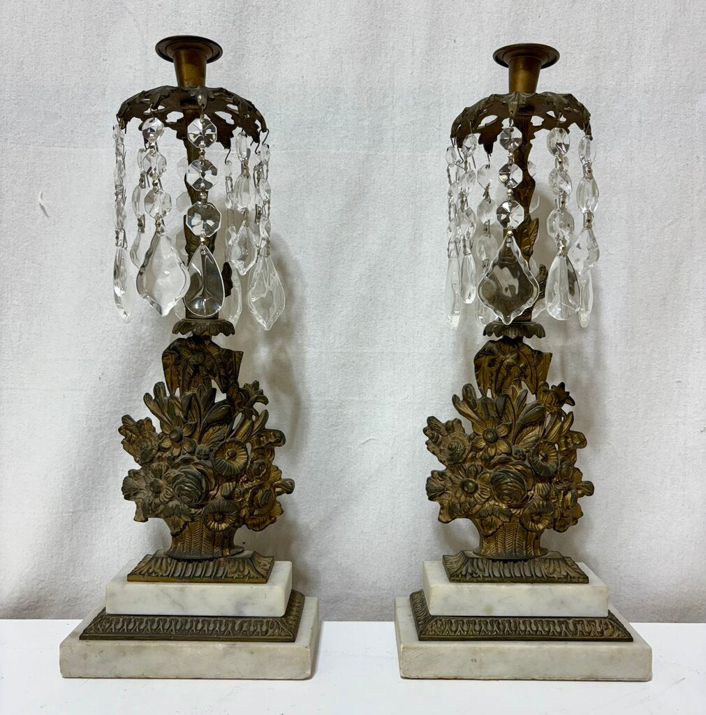 Antique French Floral Gilt Brass & Crystal Grandole (PAIR)