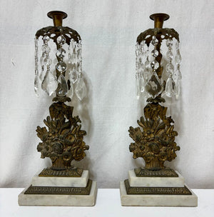 Antique French Floral Gilt Brass & Crystal Grandole (PAIR)