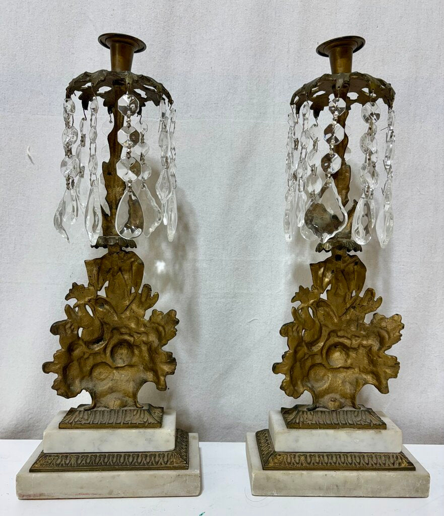 Antique French Floral Gilt Brass & Crystal Grandole (PAIR)