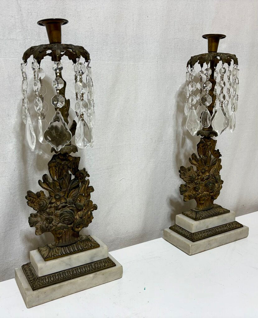 Antique French Floral Gilt Brass & Crystal Grandole (PAIR)