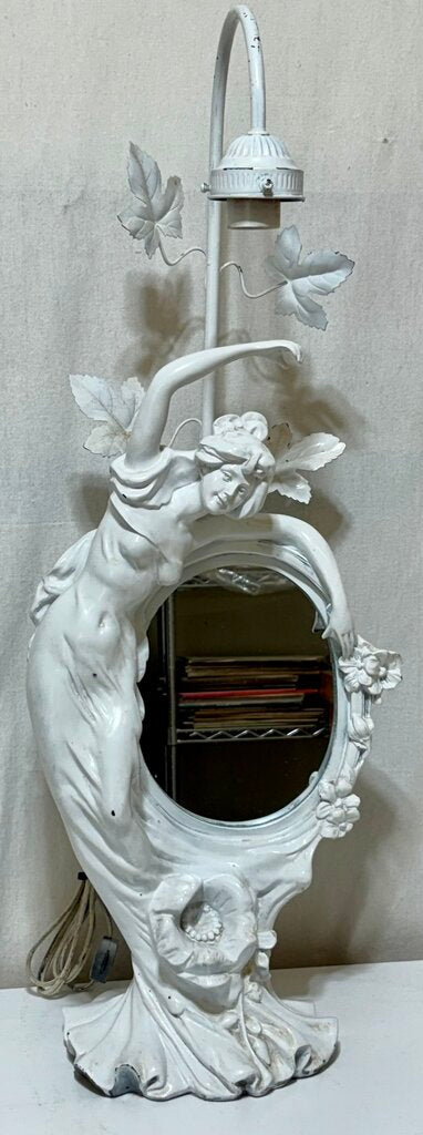 Vintage White Resin Cast Art Nouveau Figural Woman with Flowers Vanity Mirror & Lamp (No Shade)