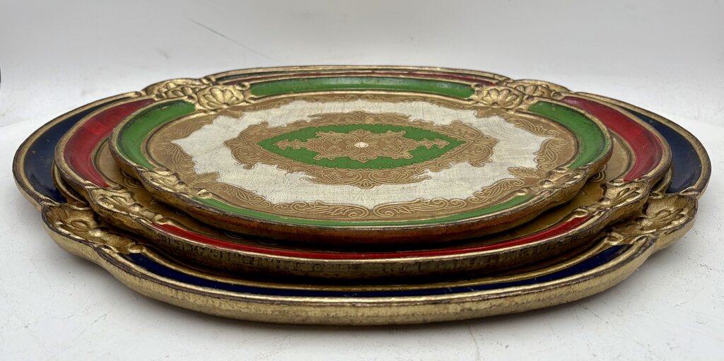 Italian Gilt Painted Florentine Nested Oval Wood Tray Set (3Pcs)