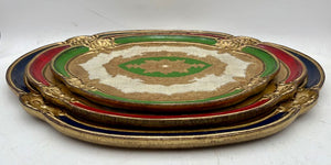 Italian Gilt Painted Florentine Nested Oval Wood Tray Set (3Pcs)