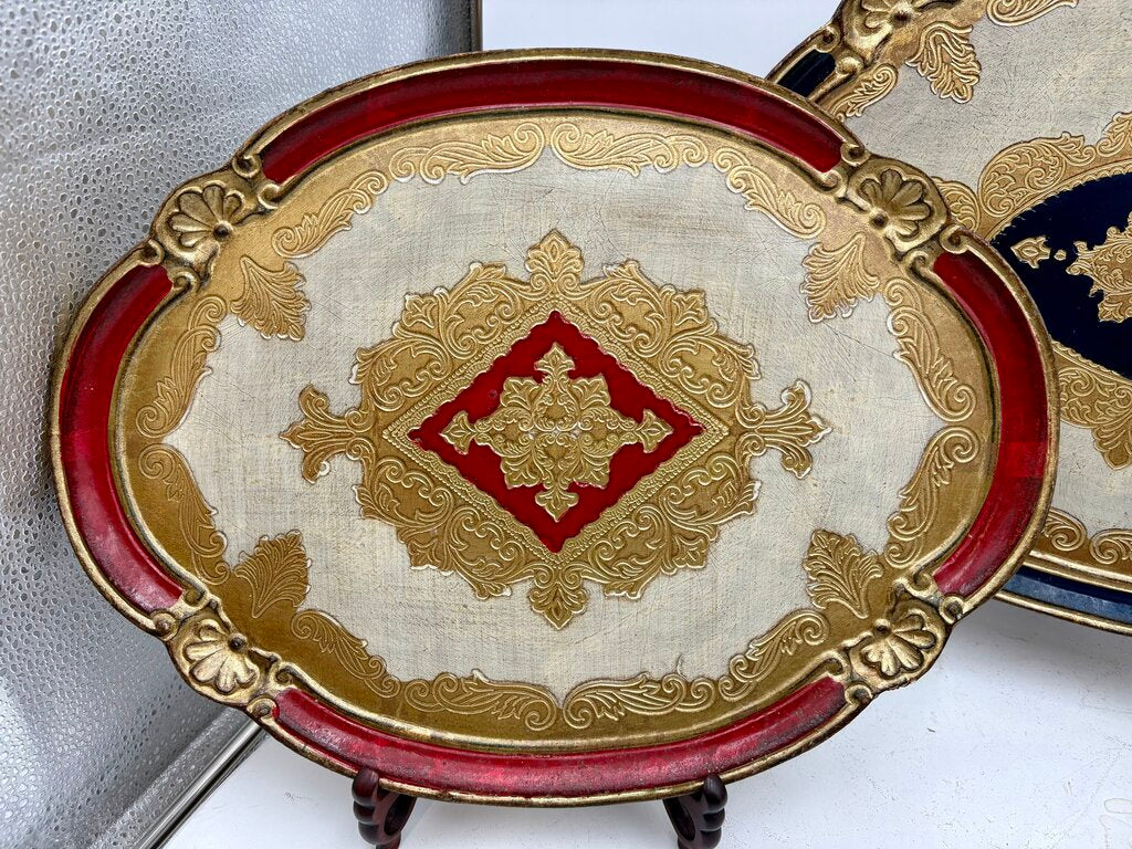 Italian Gilt Painted Florentine Nested Oval Wood Tray Set (3Pcs)