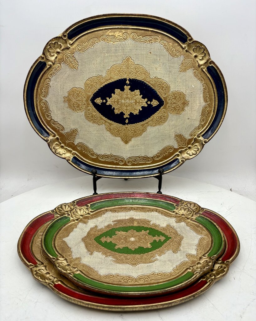 Italian Gilt Painted Florentine Nested Oval Wood Tray Set (3Pcs)