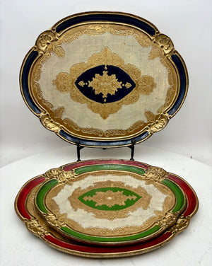 Italian Gilt Painted Florentine Nested Oval Wood Tray Set (3Pcs)
