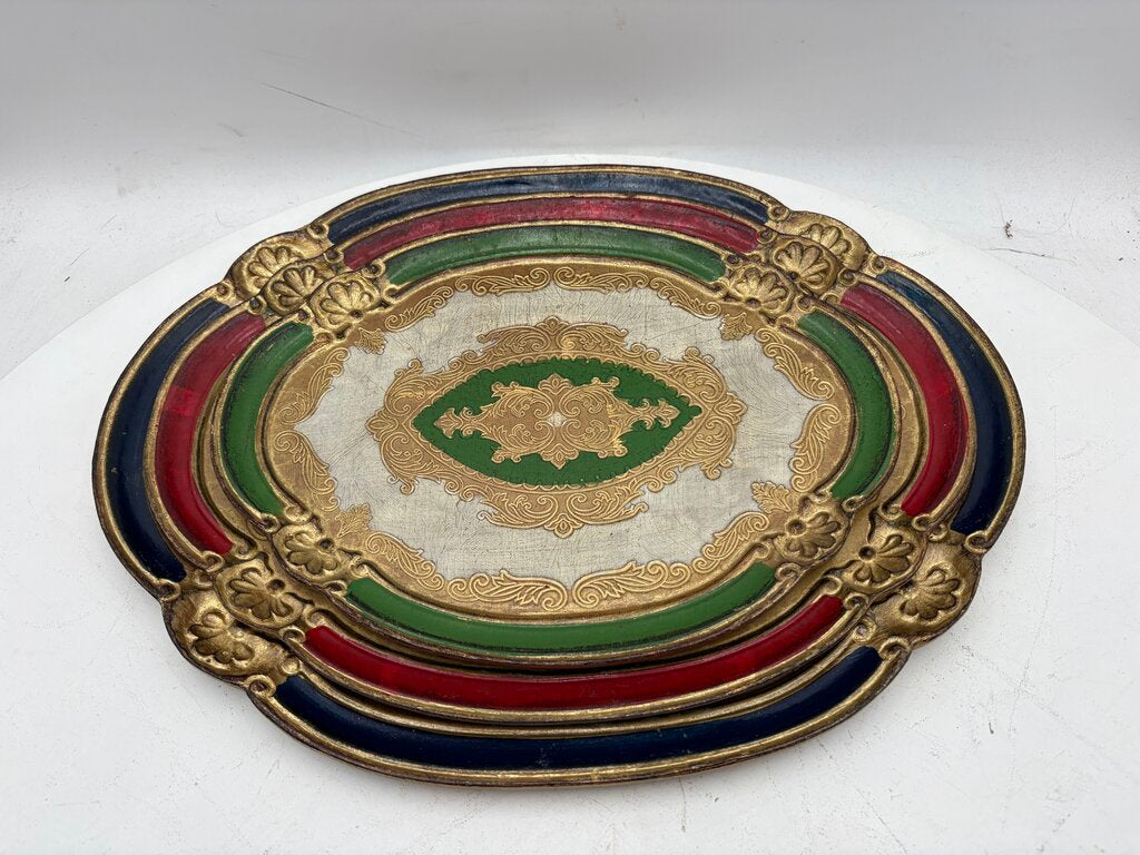 Italian Gilt Painted Florentine Nested Oval Wood Tray Set (3Pcs)