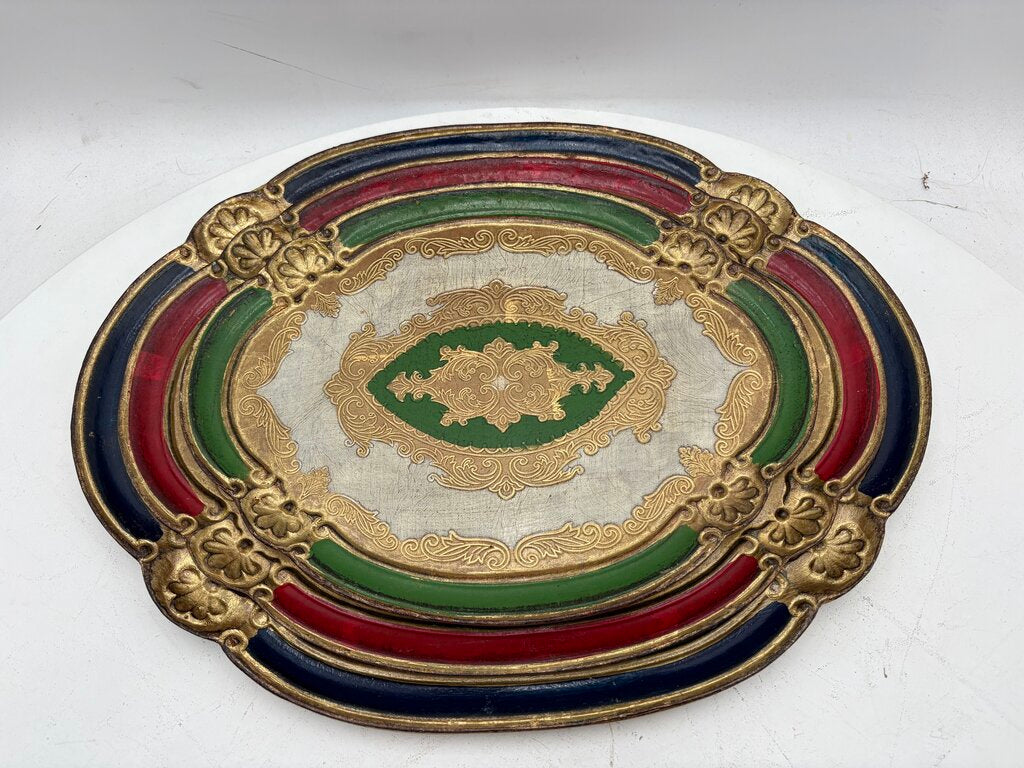 Italian Gilt Painted Florentine Nested Oval Wood Tray Set (3Pcs)